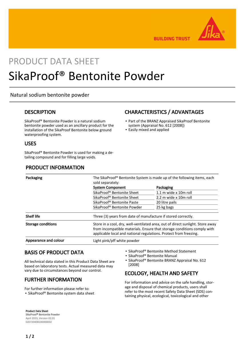 Sika SikaProof® Bentonite Powder cut sheet — first page
