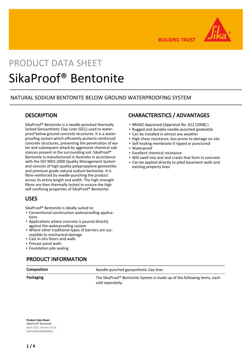 Sika SikaProof® Bentonite cut sheet — first page