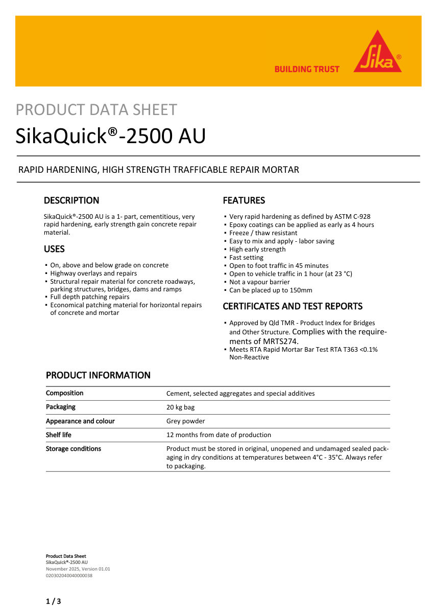 Sika SikaQuick®-2500 AU cut sheet — first page