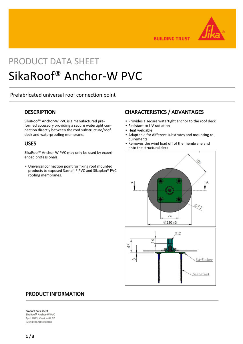 Sika SikaRoof® Anchor-W PVC cut sheet — first page