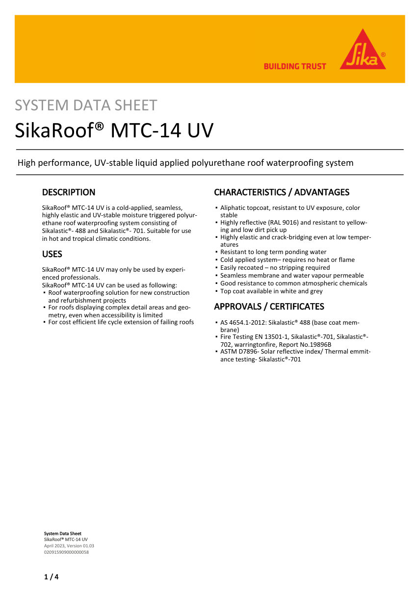 Sika SikaRoof® MTC-14 UV cut sheet — first page