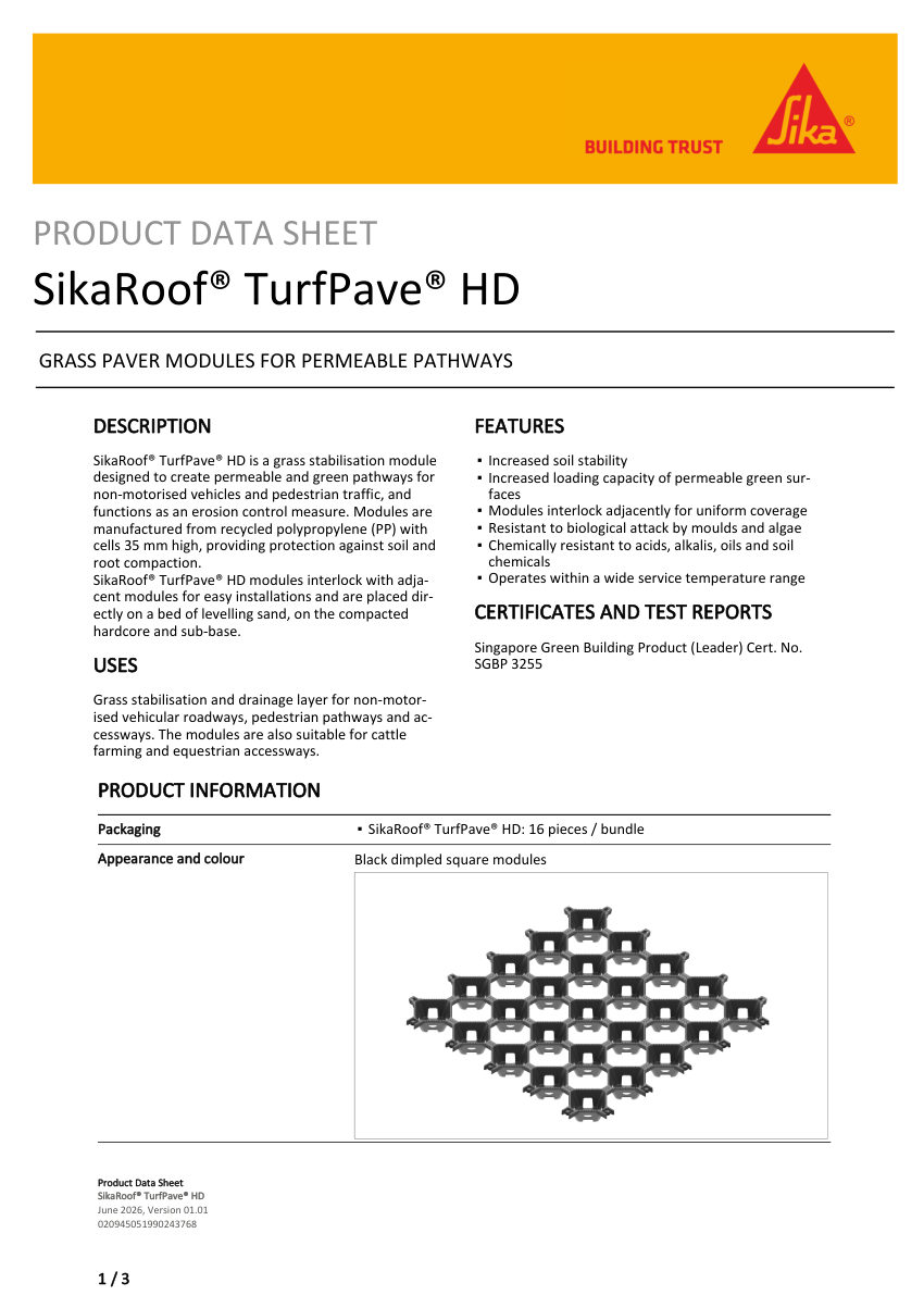 Sika SikaRoof® TurfPave® HD cut sheet — first page