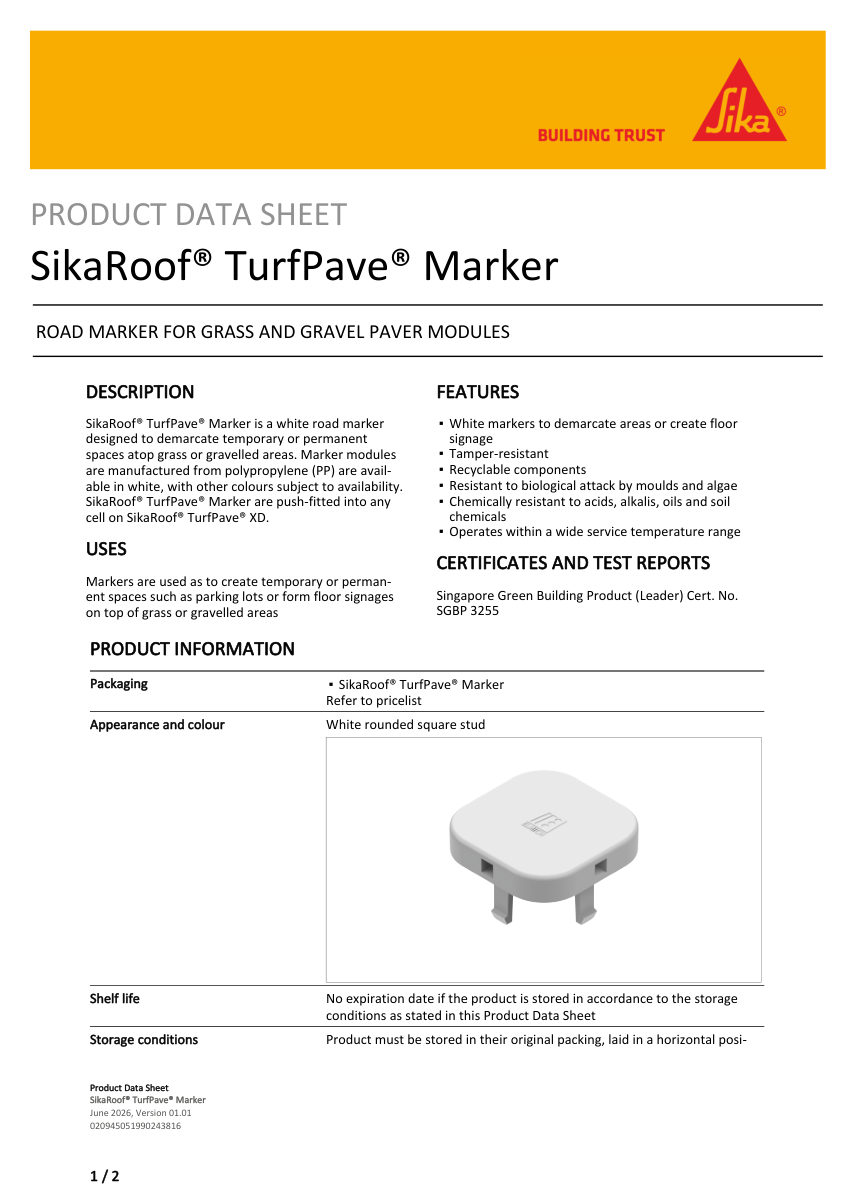 Sika SikaRoof® TurfPave® Marker cut sheet — first page