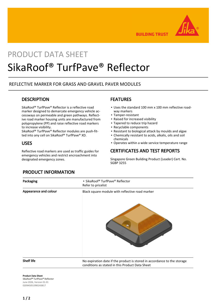 Sika SikaRoof® TurfPave® Reflector cut sheet — first page