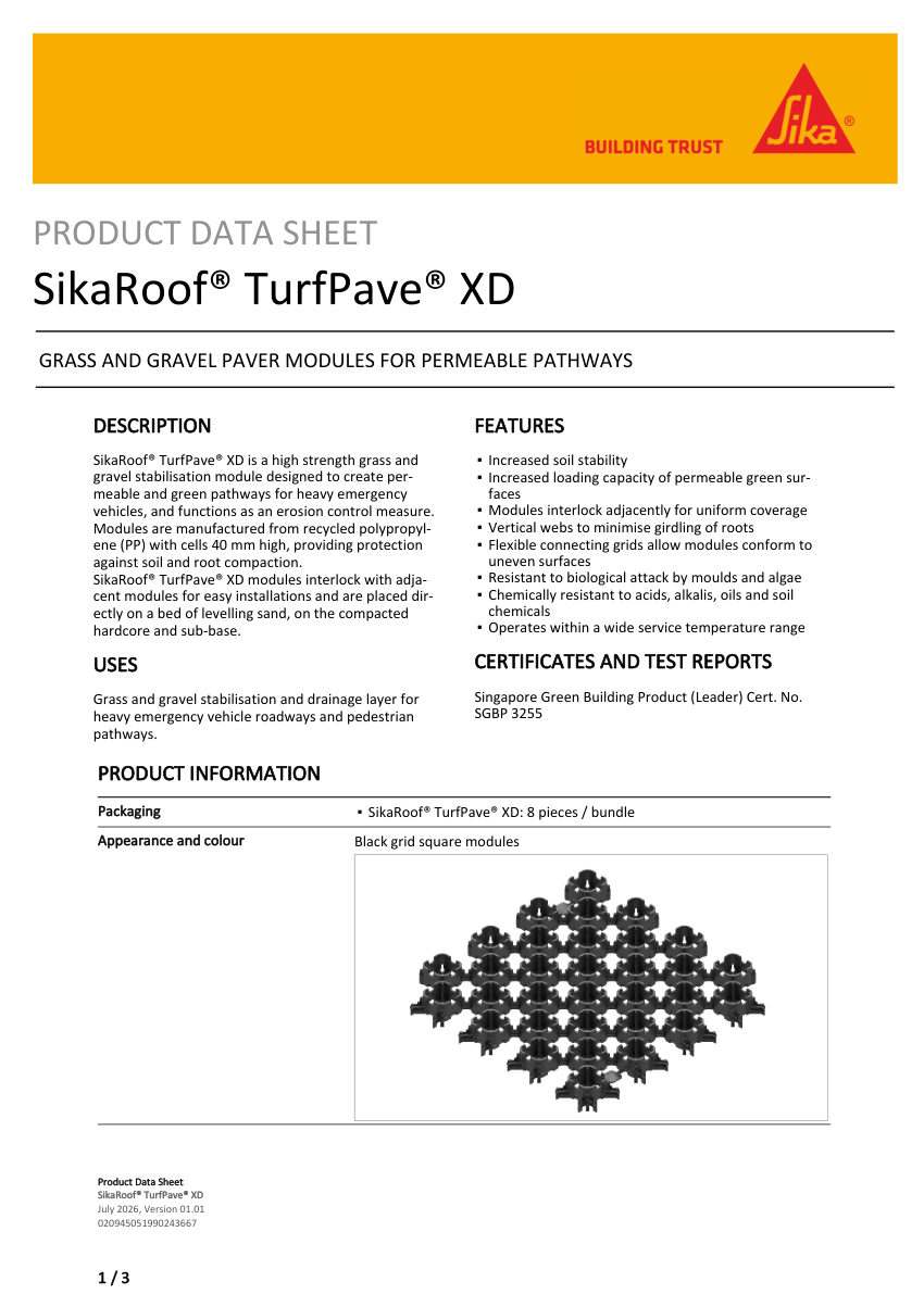 Sika SikaRoof® TurfPave® XD cut sheet — first page