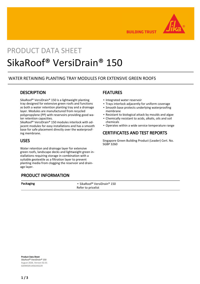 Sika SikaRoof® VersiDrain® 150 cut sheet — first page