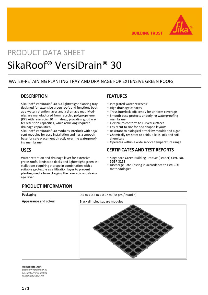 Sika SikaRoof® VersiDrain® 30 cut sheet — first page