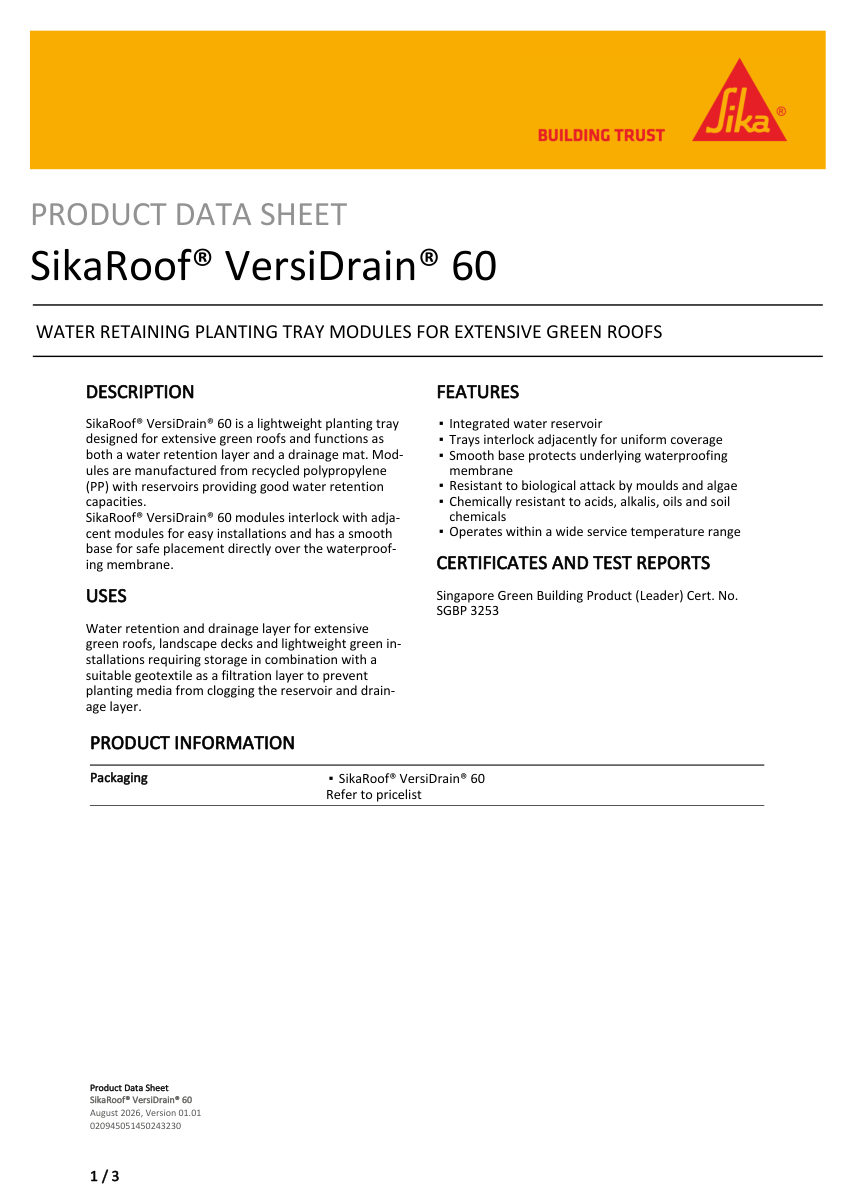 Sika SikaRoof® VersiDrain® 60 cut sheet — first page