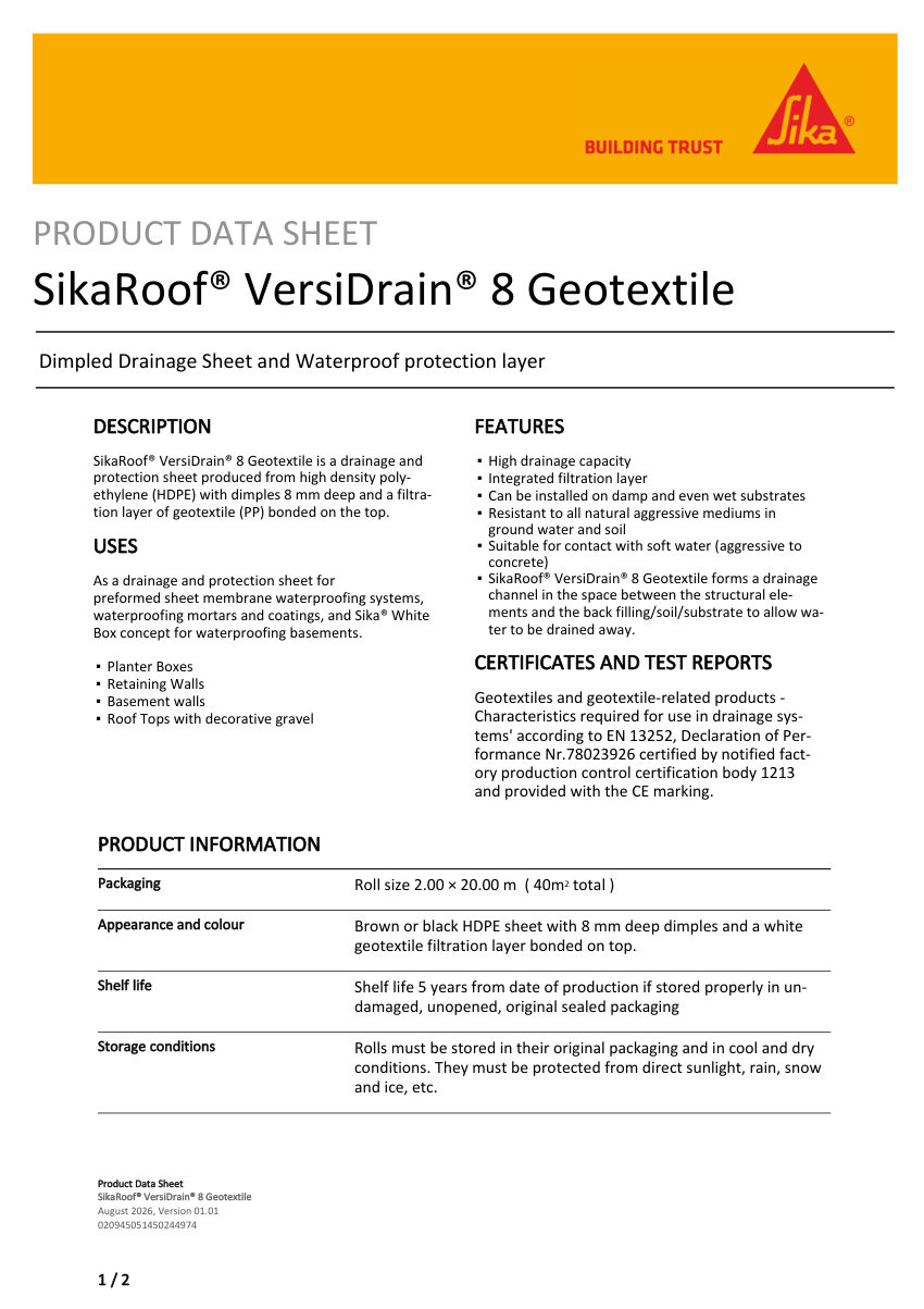 Sika SikaRoof® VersiDrain® 8 Geotextile cut sheet — first page