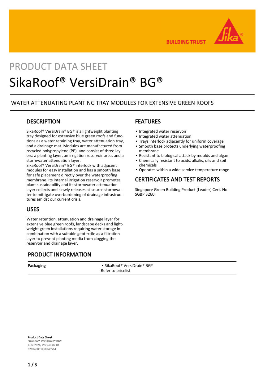 Sika SikaRoof® VersiDrain® BG® cut sheet — first page