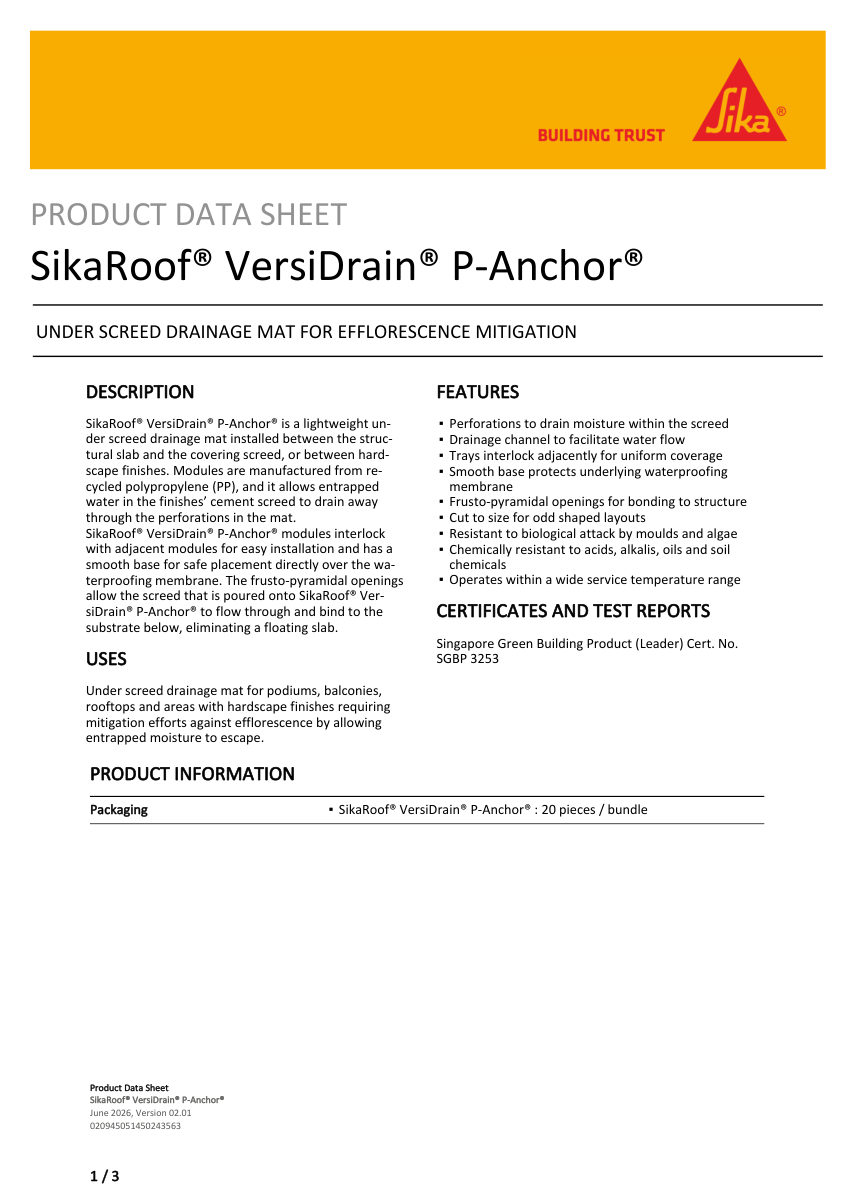 Sika SikaRoof® VersiDrain® P-Anchor® cut sheet — first page