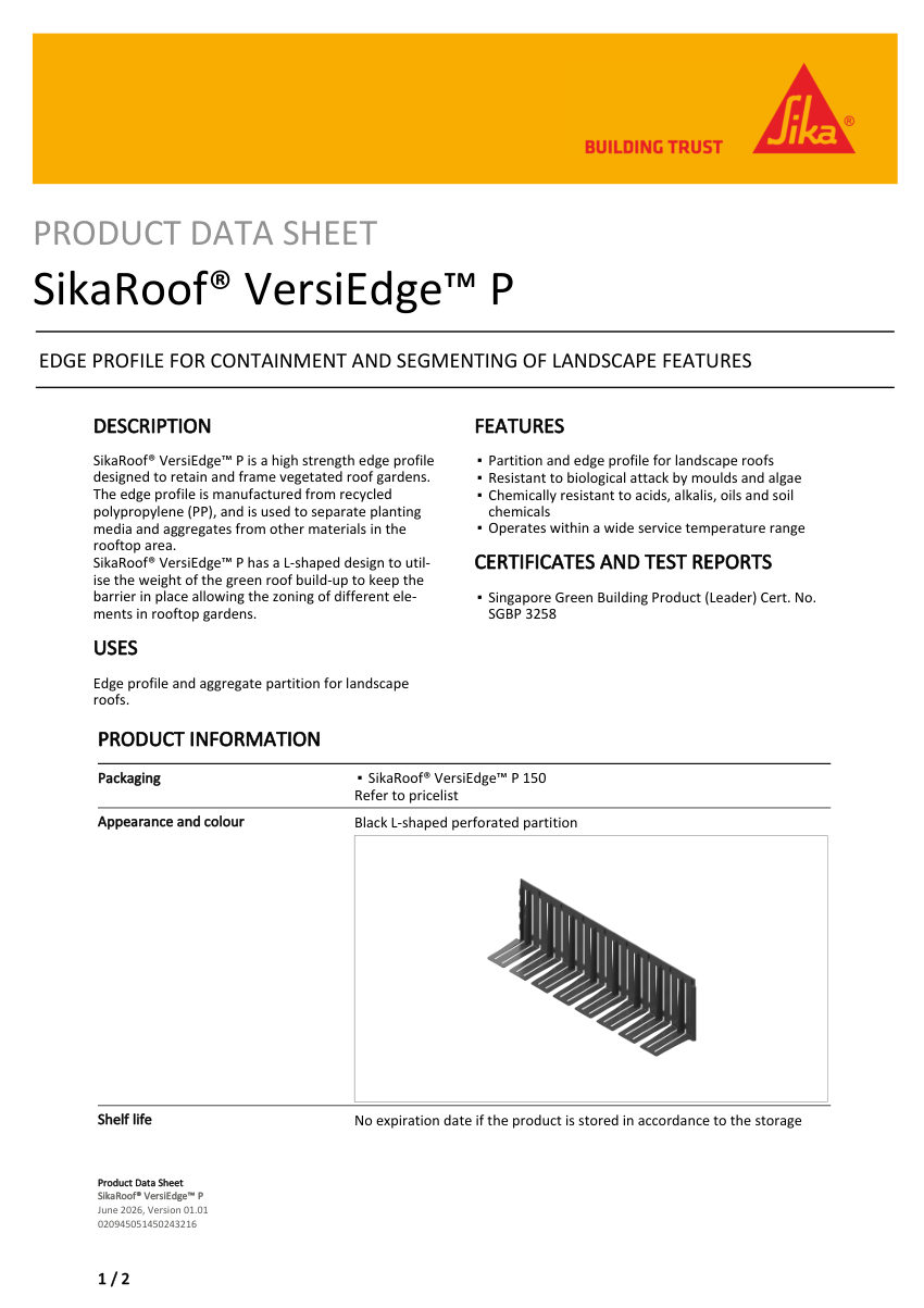 Sika SikaRoof® VersiEdge™ P cut sheet — first page