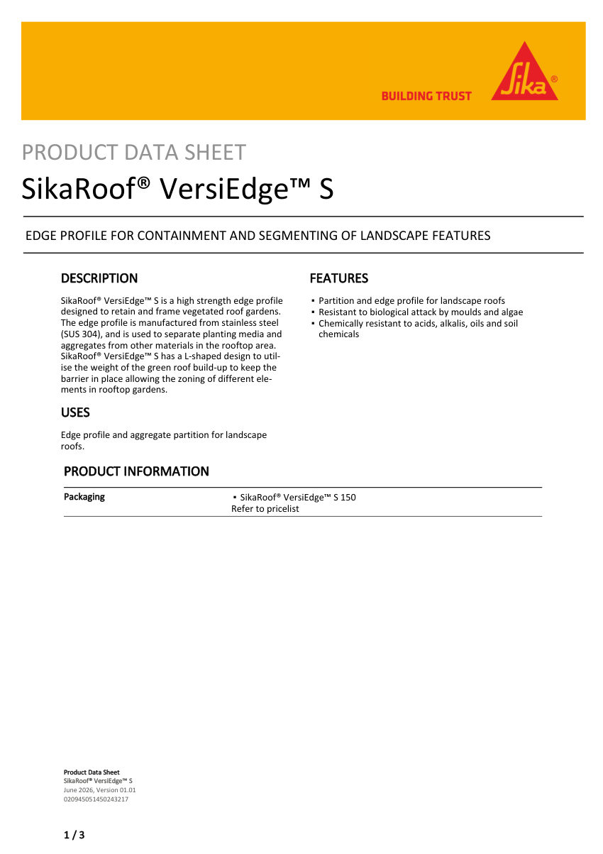 Sika SikaRoof® VersiEdge™ S cut sheet — first page