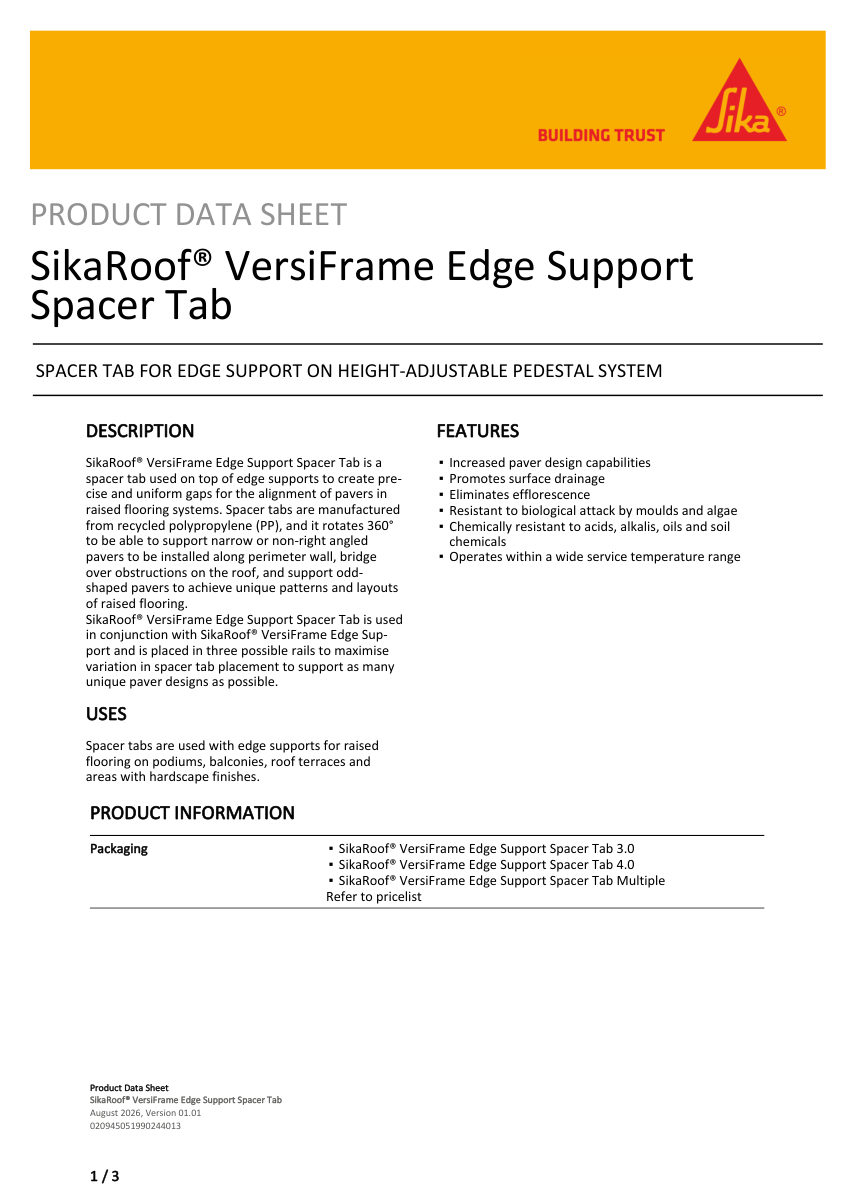 Sika SikaRoof® VersiFrame Edge Support Spacer Tab cut sheet — first page