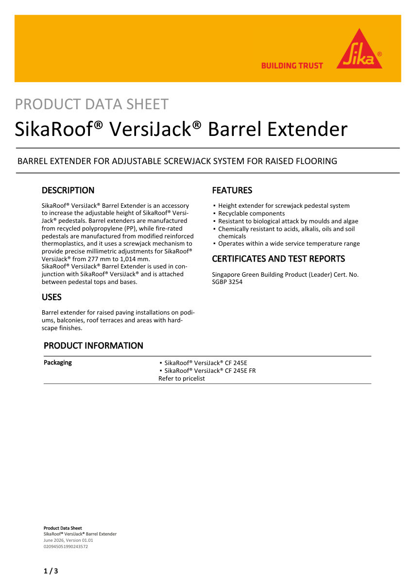 Sika SikaRoof® VersiJack® Barrel Extender cut sheet — first page