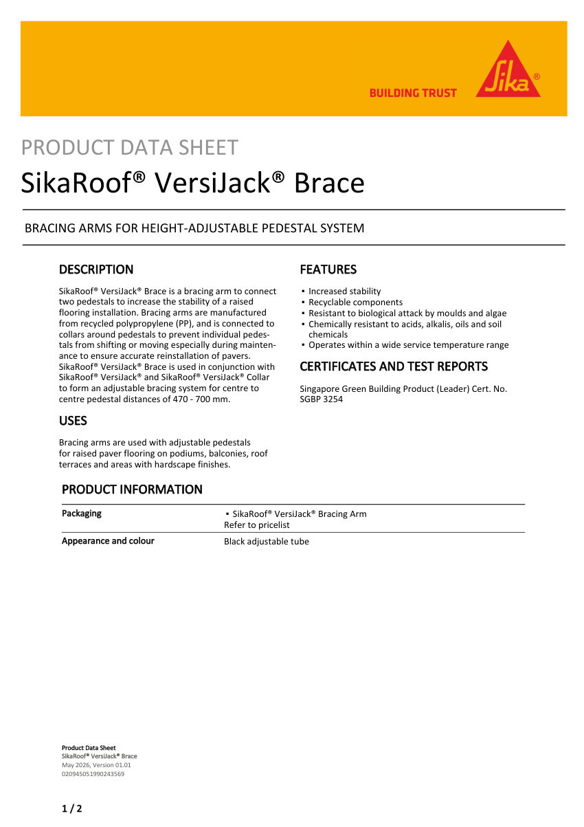 Sika SikaRoof® VersiJack® Brace cut sheet — first page
