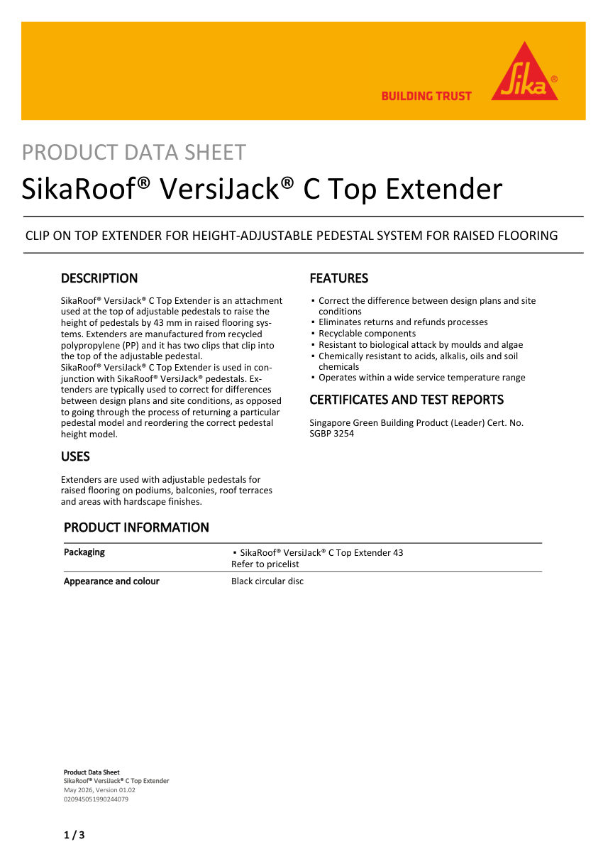 Sika SikaRoof® VersiJack® C Top Extender cut sheet — first page