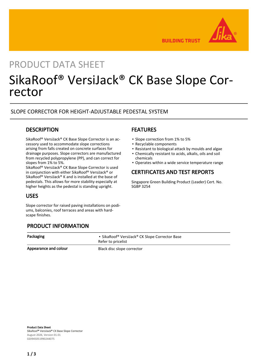 Sika SikaRoof® VersiJack® CK Base Slope Corrector cut sheet — first page
