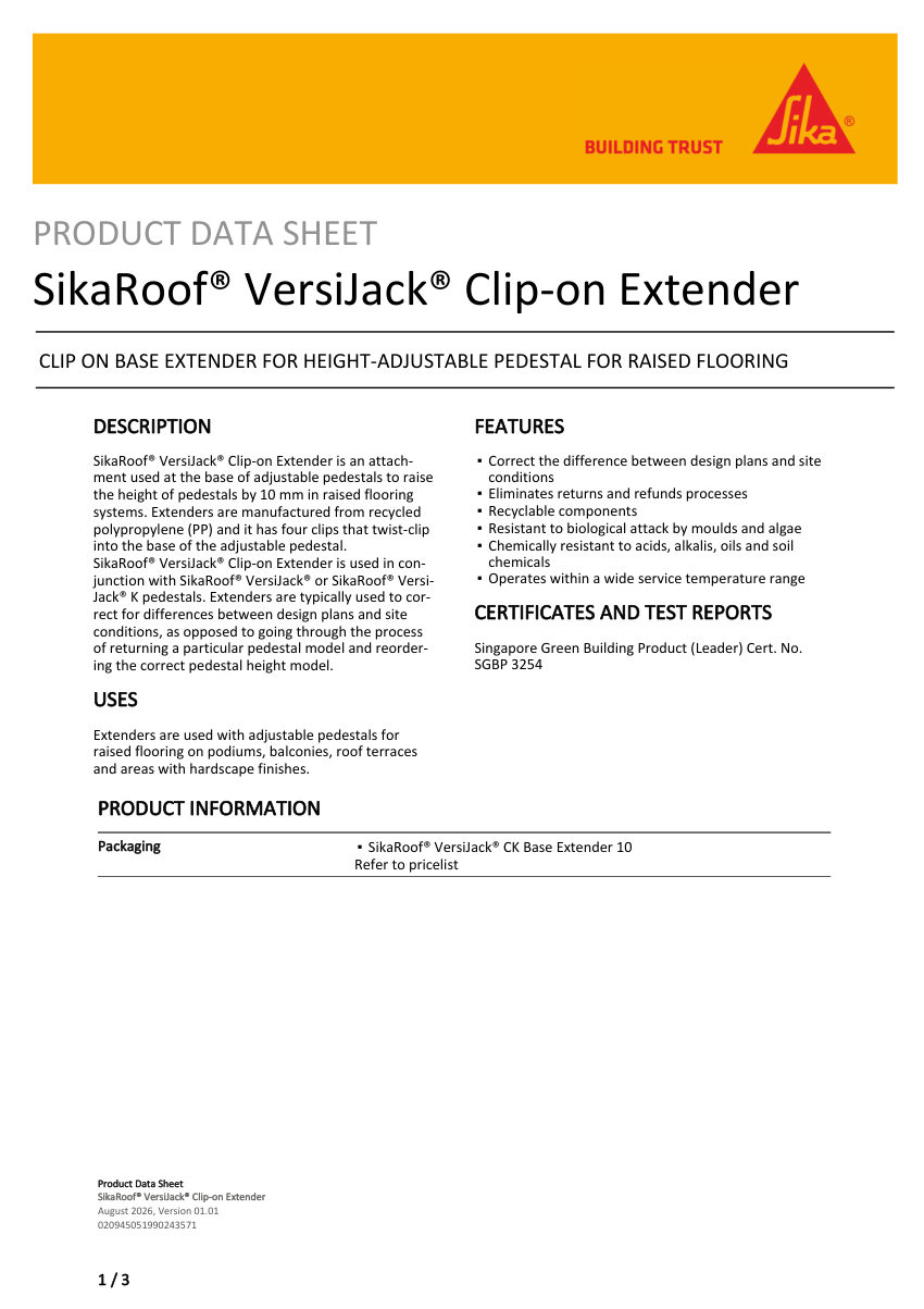 Sika SikaRoof® VersiJack® Clip-on Extender cut sheet — first page