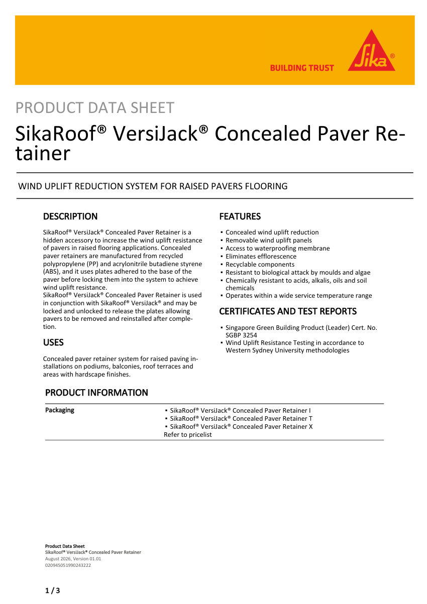 Sika SikaRoof® VersiJack® Concealed Paver Retainer cut sheet — first page