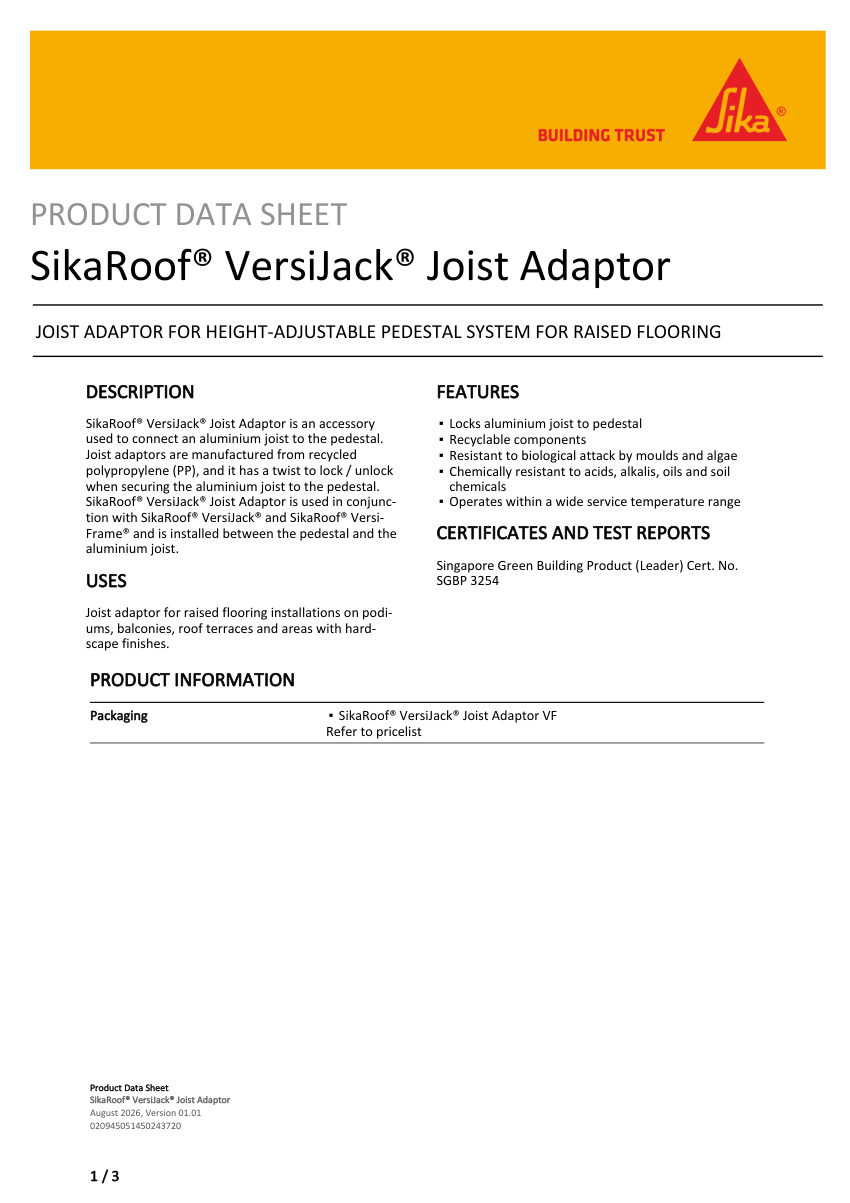 Sika SikaRoof® VersiJack® Joist Adaptor cut sheet — first page