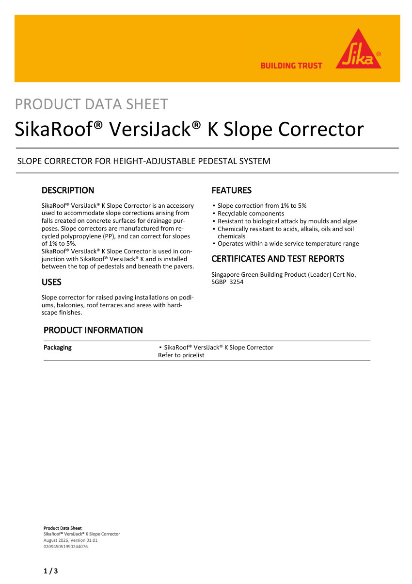 Sika SikaRoof® VersiJack® K Slope Corrector cut sheet — first page