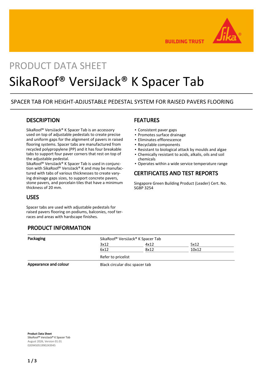 Sika SikaRoof® VersiJack® K Spacer Tab cut sheet — first page