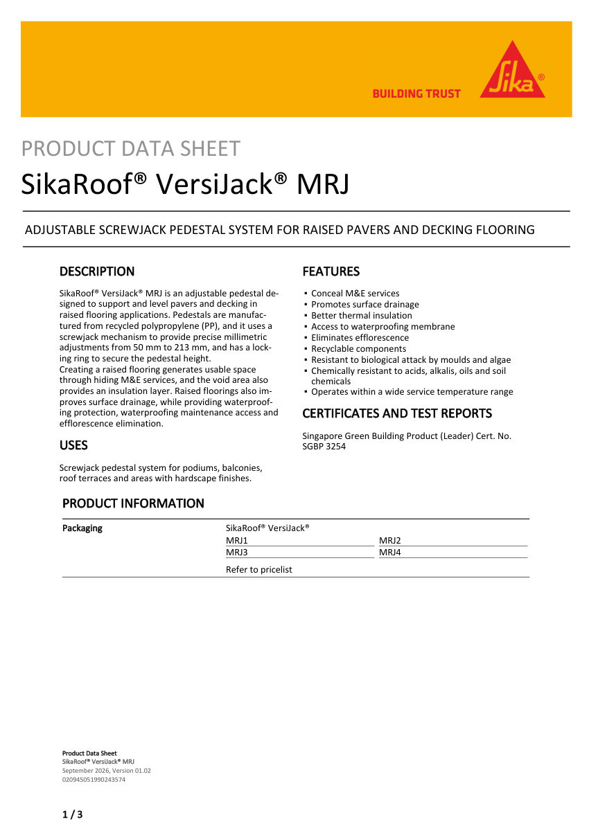 Sika SikaRoof® VersiJack® MRJ cut sheet — first page