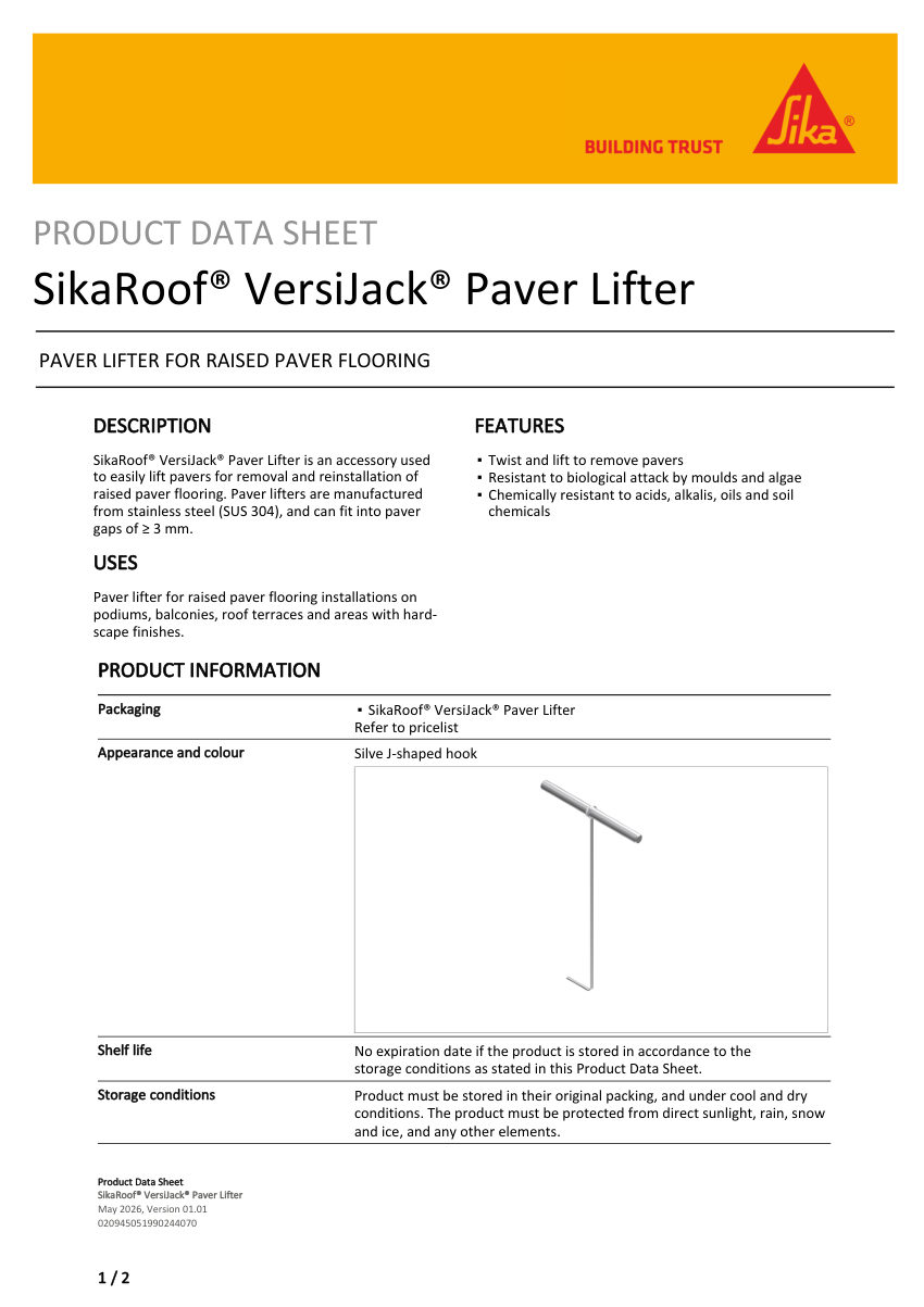Sika SikaRoof® VersiJack® Paver Lifter cut sheet — first page