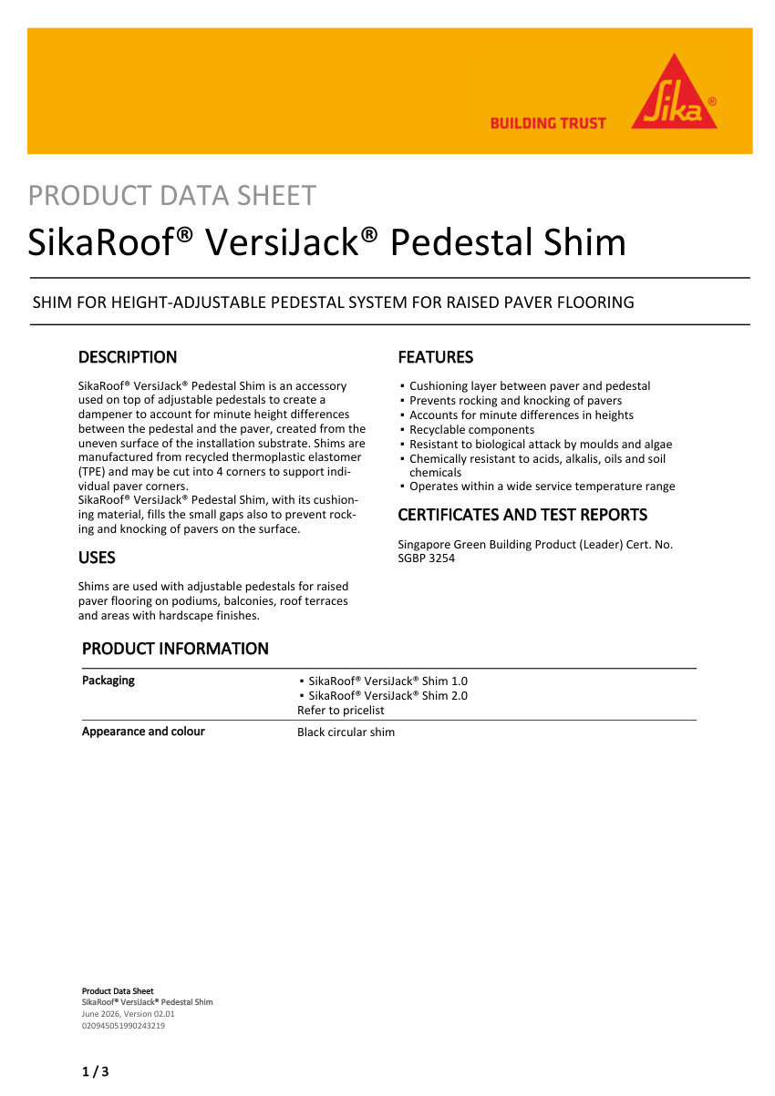 Sika SikaRoof® VersiJack® Pedestal Shim cut sheet — first page