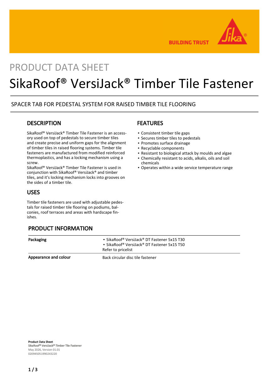 Sika SikaRoof® VersiJack® Timber Tile Fastener cut sheet — first page