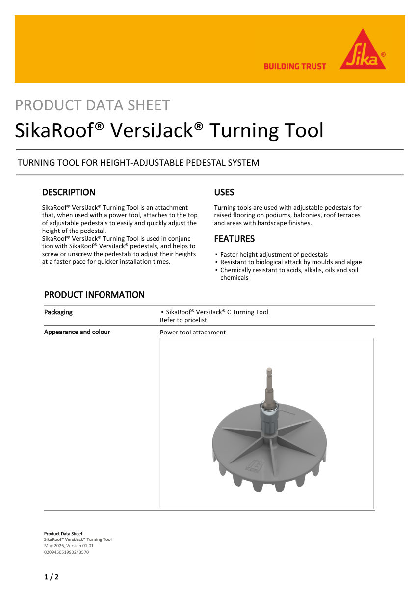 Sika SikaRoof® VersiJack® Turning Tool cut sheet — first page