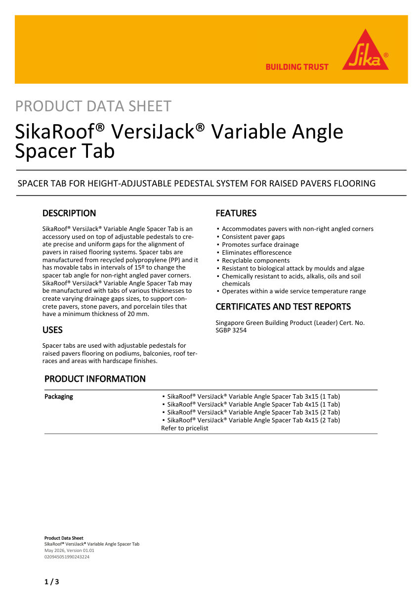 Sika SikaRoof® VersiJack® Variable Angle Spacer Tab cut sheet — first page