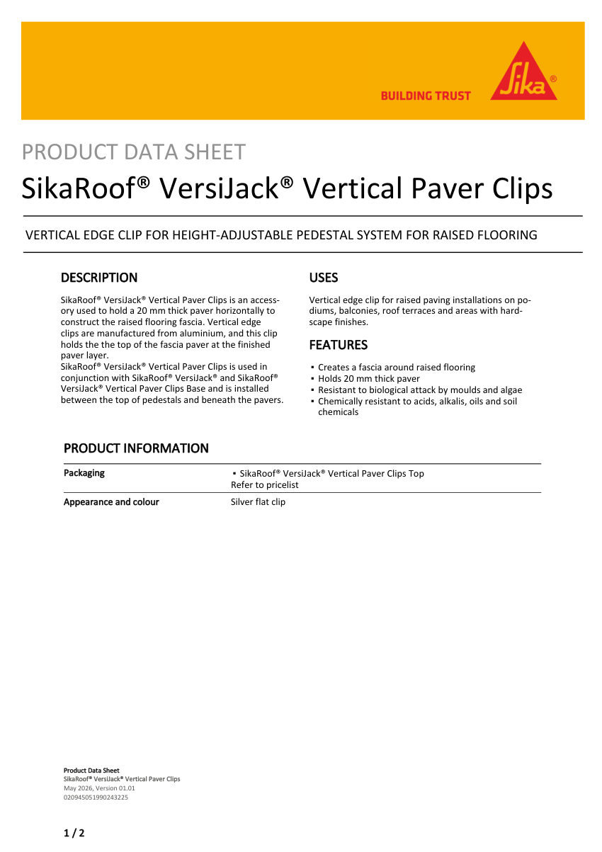 Sika SikaRoof® VersiJack® Vertical Paver Clips cut sheet — first page