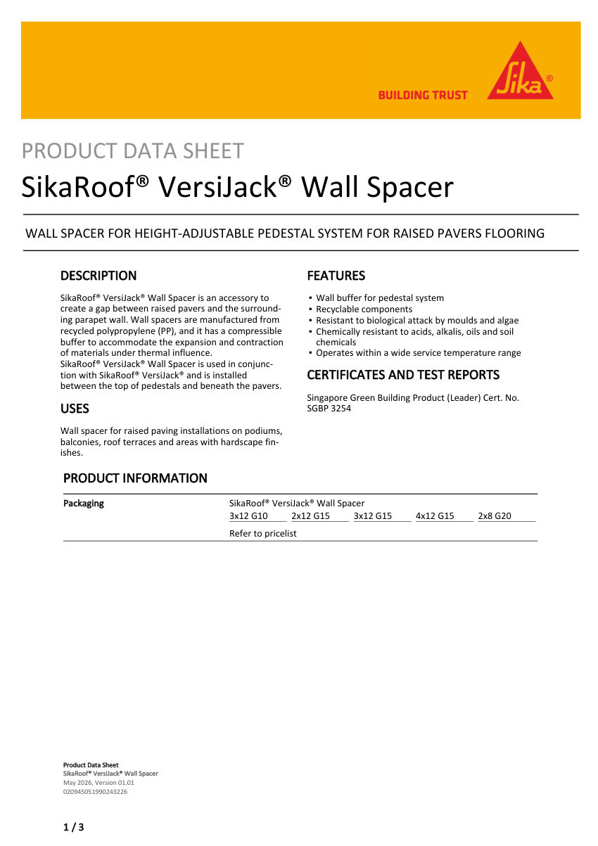 Sika SikaRoof® VersiJack® Wall Spacer cut sheet — first page