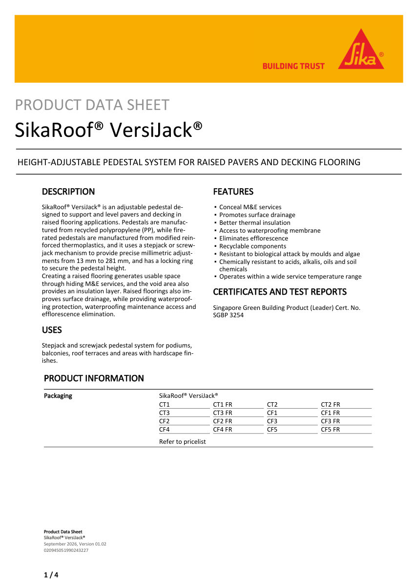 Sika SikaRoof® VersiJack® cut sheet — first page