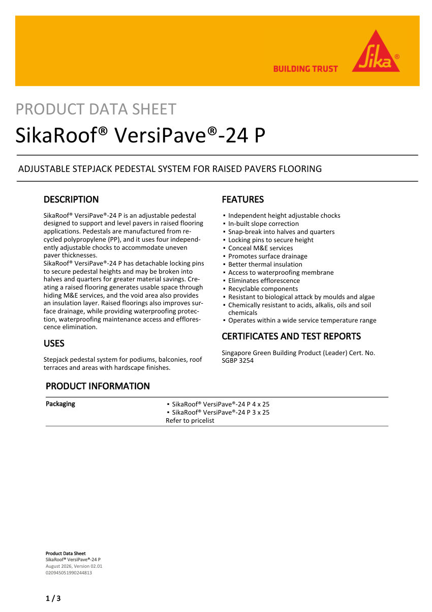 Sika SikaRoof® VersiPave®-24 P cut sheet — first page