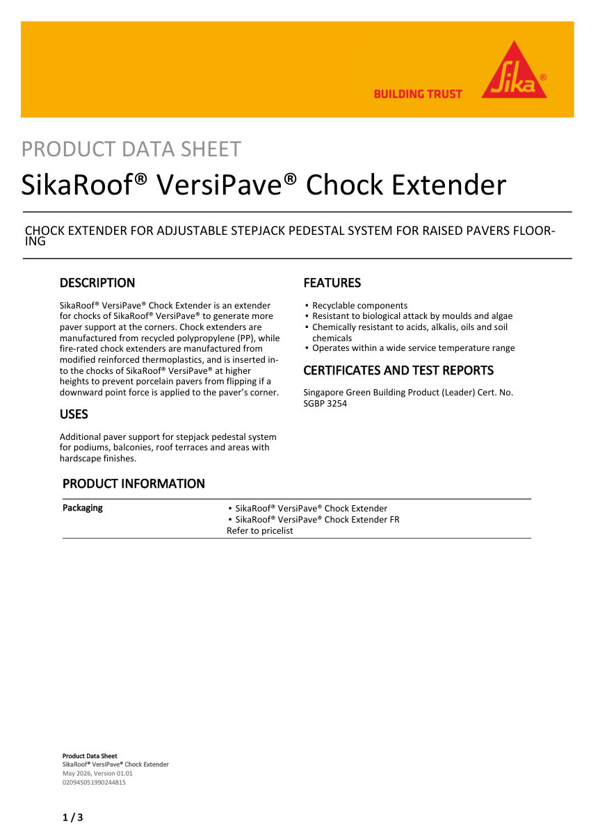 Sika SikaRoof® VersiPave® Chock Extender cut sheet — first page