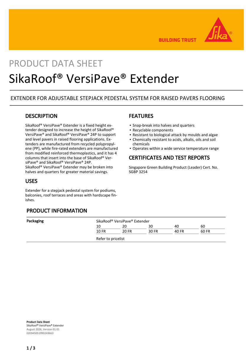 Sika SikaRoof® VersiPave® Extender cut sheet — first page
