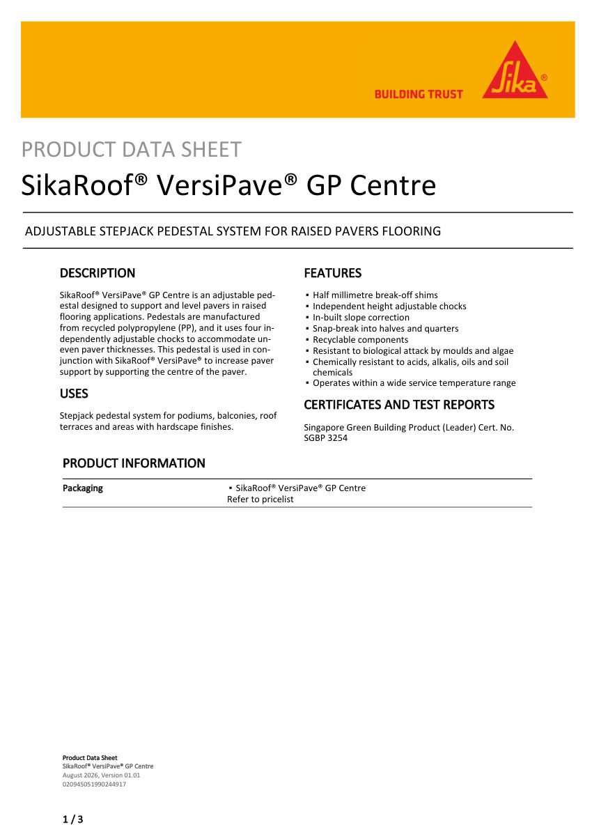 Sika SikaRoof® VersiPave® GP Centre cut sheet — first page