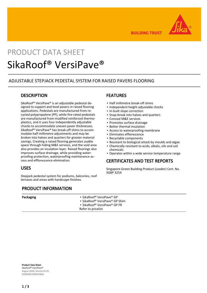 Sika SikaRoof® VersiPave® cut sheet — first page