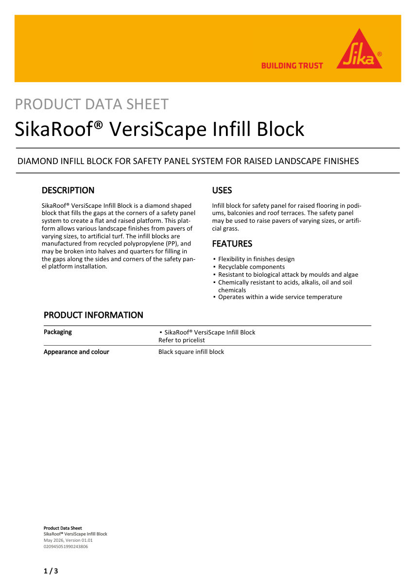 Sika SikaRoof® VersiScape Infill Block cut sheet — first page