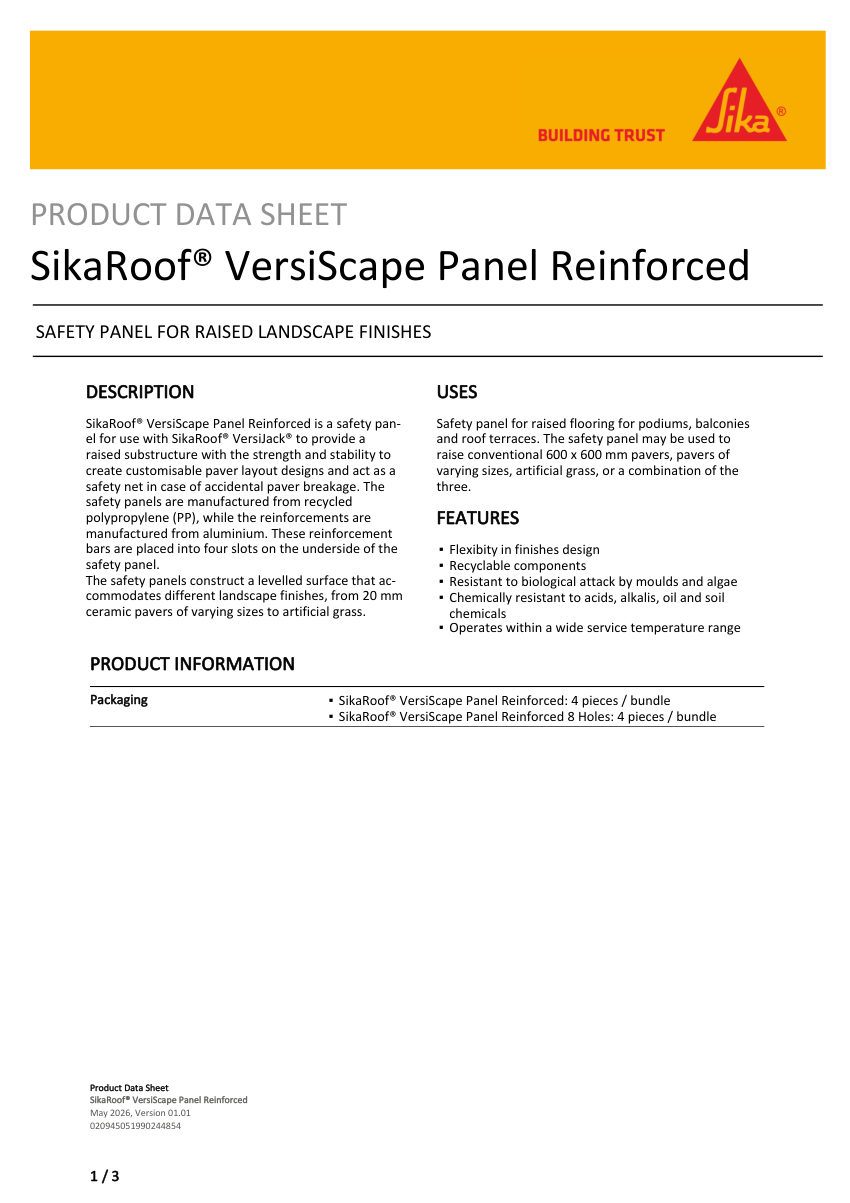 Sika SikaRoof® VersiScape Panel Reinforced cut sheet — first page