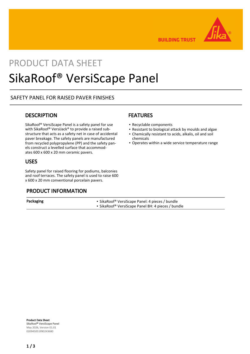Sika SikaRoof® VersiScape Panel cut sheet — first page