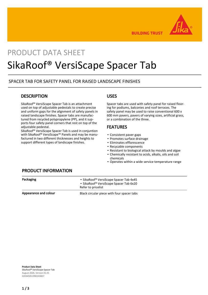 Sika SikaRoof® VersiScape Spacer Tab cut sheet — first page