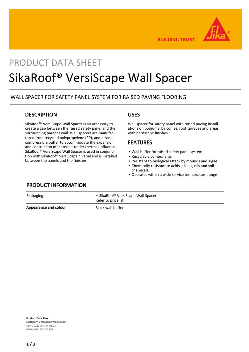 Sika SikaRoof® VersiScape Wall Spacer cut sheet — first page