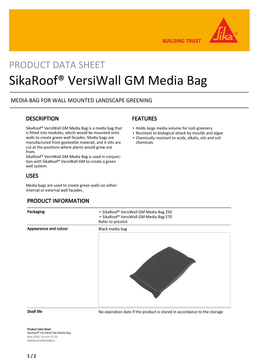 Sika SikaRoof® VersiWall GM Media Bag cut sheet — first page