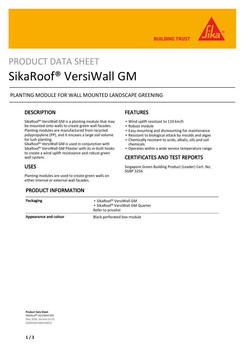 Sika SikaRoof® VersiWall GM cut sheet — first page