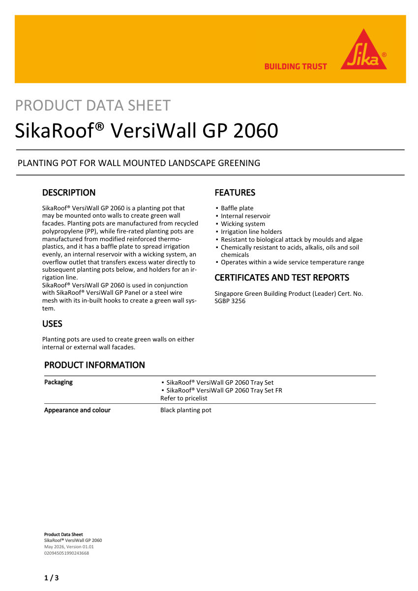 Sika SikaRoof® VersiWall GP 2060 cut sheet — first page