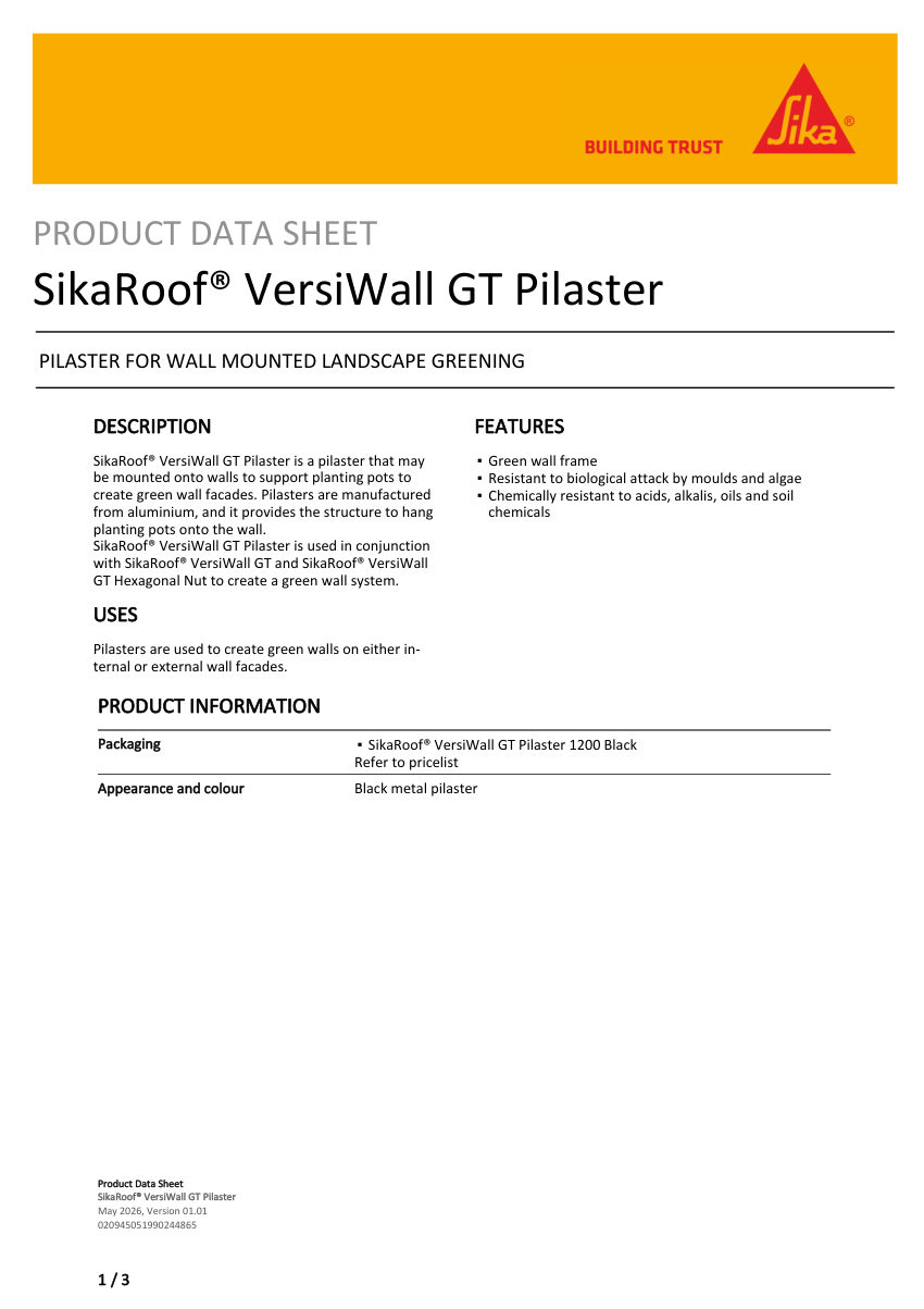 Sika SikaRoof® VersiWall GT Pilaster cut sheet — first page